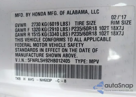2017 Honda Odyssey Touring/Touring Elite from USA, damaged, VIN 5FNRL5H92HB012405
